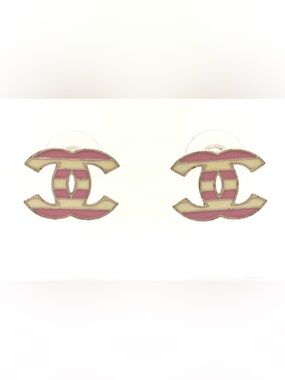 Chanel Pink and White Striped Logo Earrings